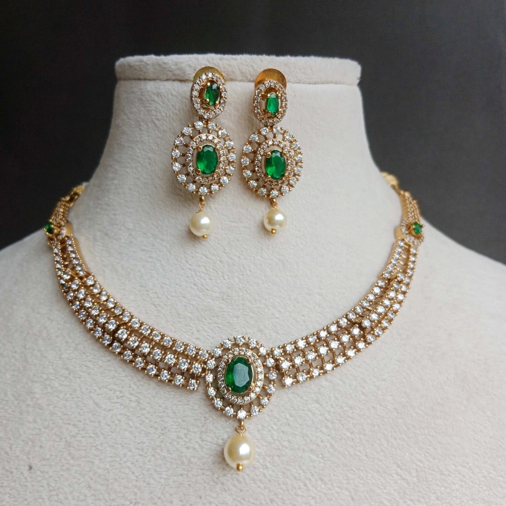 Handmade Brass Metal Jewellery Green Pearl Necklace Set